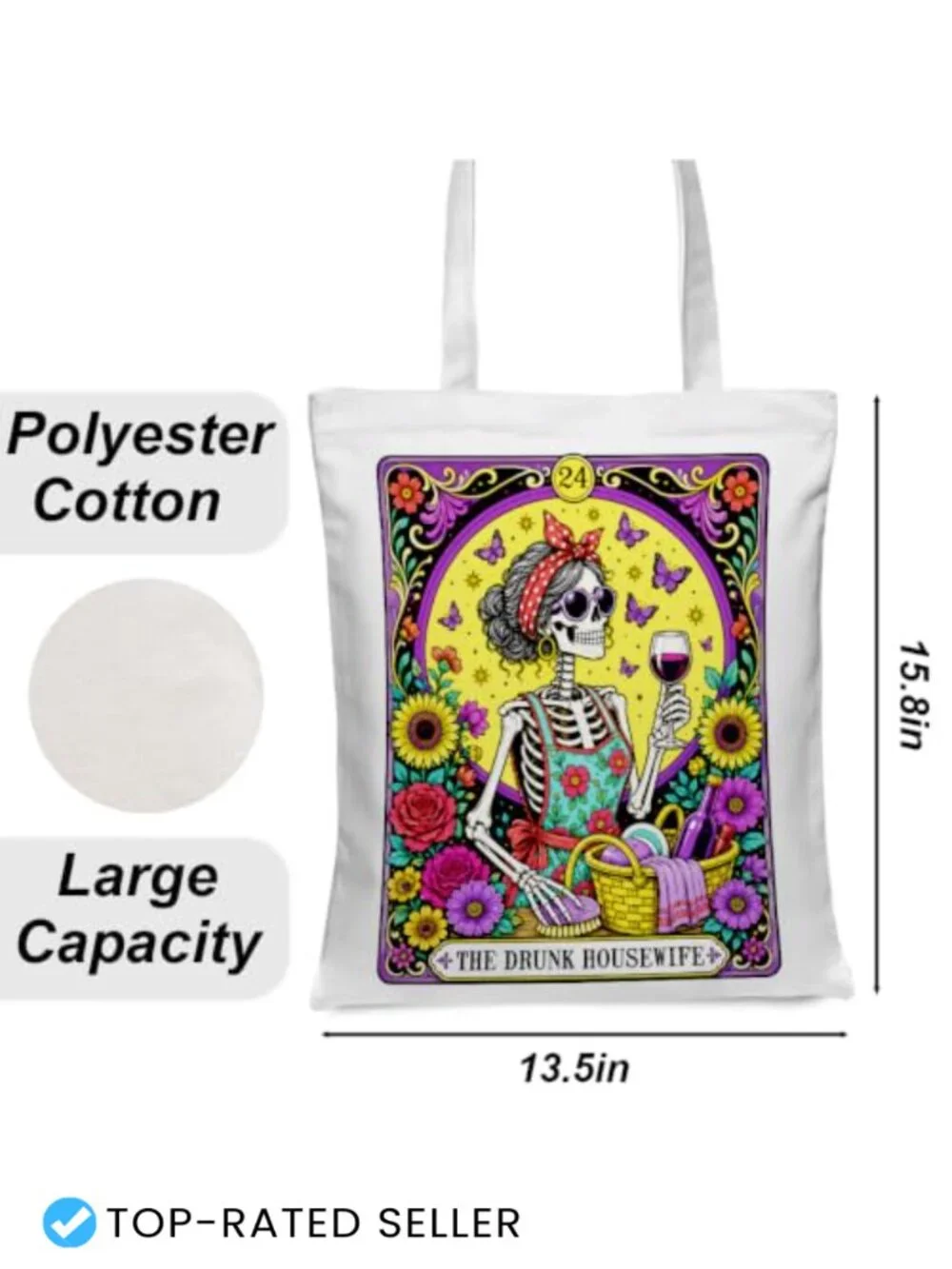 Funny Skull Tarot Card Canvas Tote Bag for Women Witchy Grocery Shopping